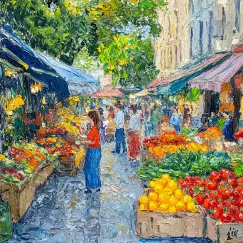 Bustling farmers market in the city painted in impressionist style - Image 3