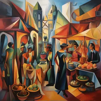 Cubist portrayal of a marketplace where dreams are the goods of exchange, echoing societal hopes - Image 1