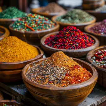 Close-up view of colorful spices in wooden bowls at a street market, lit by soft natural light. - Image 1