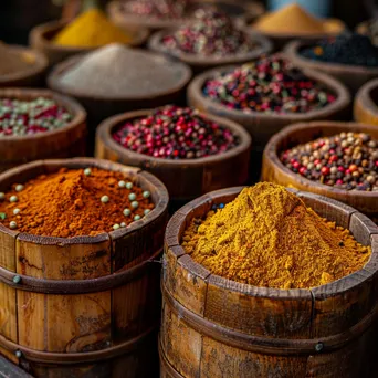 Close-up view of colorful spices in wooden bowls at a street market, lit by soft natural light. - Image 3