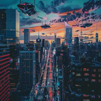 Vibrant futuristic city skyline with hovering vehicles at sunset - Image 1