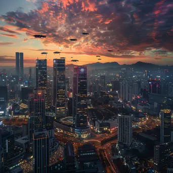 Vibrant futuristic city skyline with hovering vehicles at sunset - Image 4