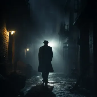 Mysterious figure in foggy alleyway with dramatic lighting contrasts - Image 1