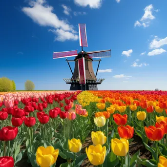 Traditional Dutch windmill amidst vibrant tulip fields - Image 1