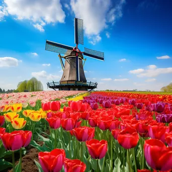 Traditional Dutch windmill amidst vibrant tulip fields - Image 4