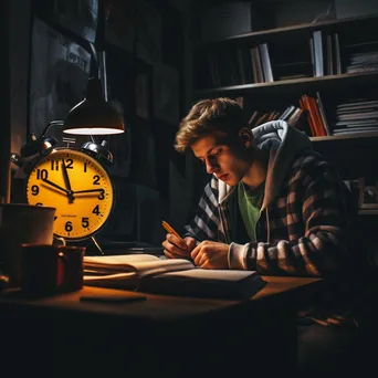 A student studying with textbooks and a countdown clock in a dimly lit room. - Image 1