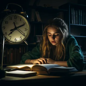 A student studying with textbooks and a countdown clock in a dimly lit room. - Image 2