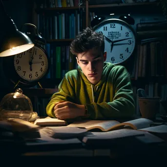 A student studying with textbooks and a countdown clock in a dimly lit room. - Image 4