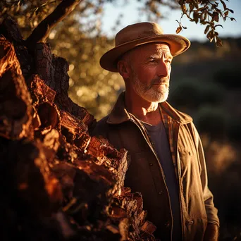 Portrait of a cork farmer beside harvested cork oak tree - Image 1