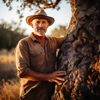 Portrait of a cork farmer beside harvested cork oak tree - Image 2