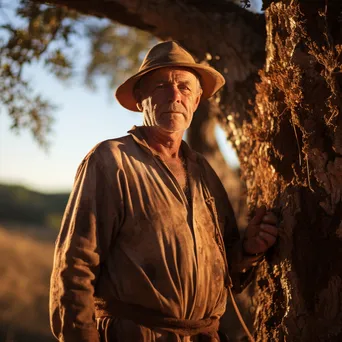 Portrait of a cork farmer beside harvested cork oak tree - Image 3