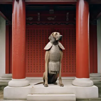 Image of a Roman legionary standing guard at the entrance of a traditional Japanese Shinto shrine - Image 1