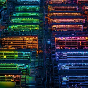 Wide-angle view of a cloud computing server room with vibrant RGB lighting. - Image 1