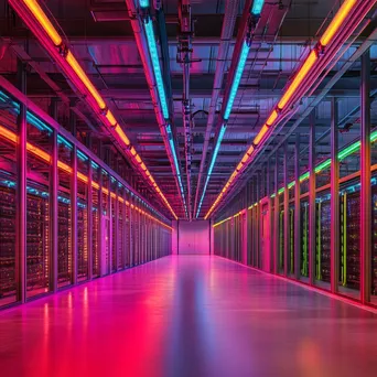 Wide-angle view of a cloud computing server room with vibrant RGB lighting. - Image 2