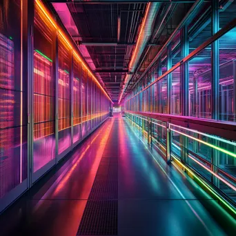 Wide-angle view of a cloud computing server room with vibrant RGB lighting. - Image 4