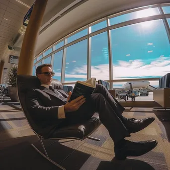 Traveler Reading in Airport Lounge