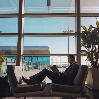 A businessman reading a book in an airport lounge - Image 4