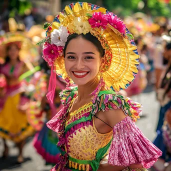 Traditional dancers performing at a spring festival in a decorated street - Image 1