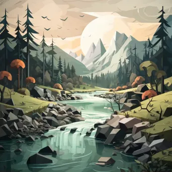 Low poly depiction of a winding river through forested hills - Image 2