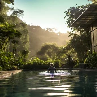 Person swimming alone in an outdoor pool during morning - Image 1