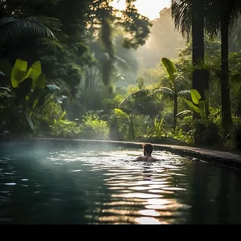 Person swimming alone in an outdoor pool during morning - Image 3