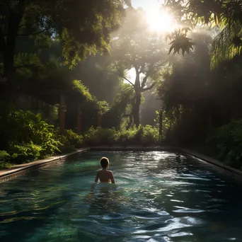 Person swimming alone in an outdoor pool during morning - Image 4