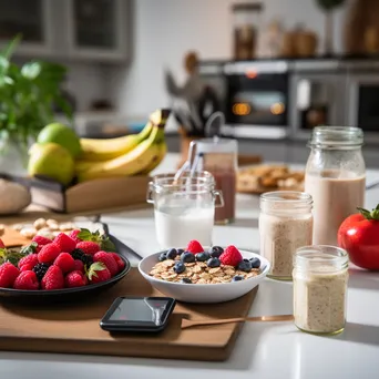 Healthy breakfast with fruits and oats next to a smartphone showing a nutrition app - Image 1