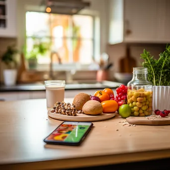 Healthy breakfast with fruits and oats next to a smartphone showing a nutrition app - Image 3