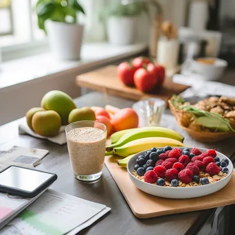 Healthy breakfast with fruits and oats next to a smartphone showing a nutrition app - Image 4