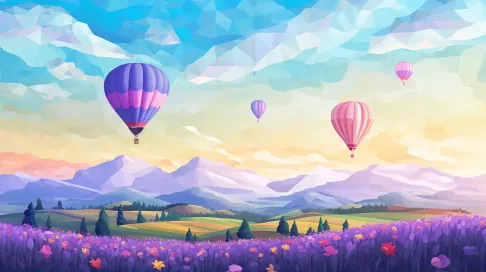 Low poly hot air balloons floating over vibrant lavender fields - Image 2