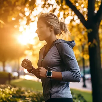 Woman jogging in park while checking smartwatch for fitness data - Image 3