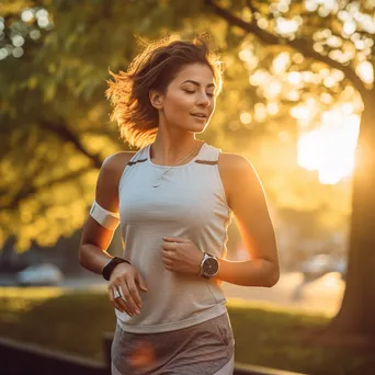 Woman jogging in park while checking smartwatch for fitness data - Image 4