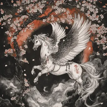 Mythical Pegasus in traditional Japanese ink painting with blossoming cherry trees - Image 1