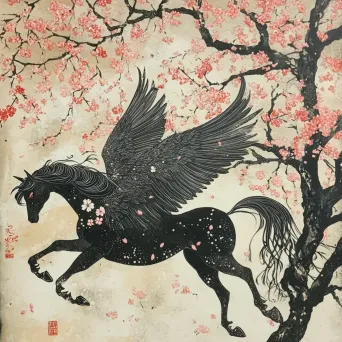 Mythical Pegasus in traditional Japanese ink painting with blossoming cherry trees - Image 4