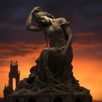 Neo-classical style memorial statue in war-ravaged city during twilight - Image 1