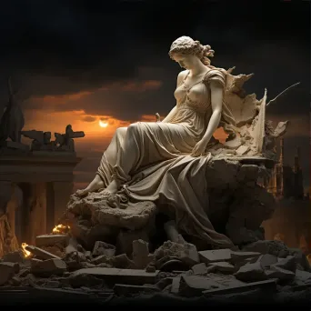 Neo-classical style memorial statue in war-ravaged city during twilight - Image 3