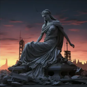 Neo-classical style memorial statue in war-ravaged city during twilight - Image 4