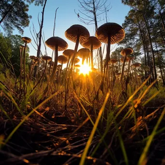 Silhouetted Woodland Mushrooms at Sunset