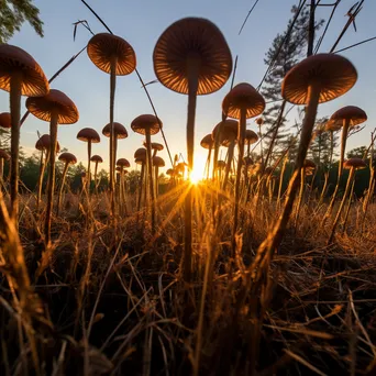 Woodland mushrooms silhouetted against a sunset - Image 2