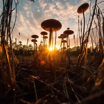 Woodland mushrooms silhouetted against a sunset - Image 3