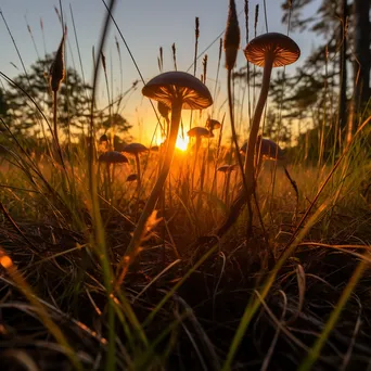 Woodland mushrooms silhouetted against a sunset - Image 4