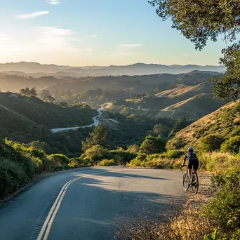 Cyclist pausing at a scenic overlook with lush hills - Image 1