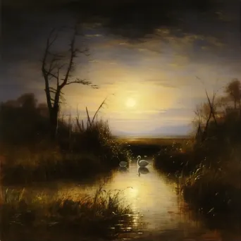 Tranquil marsh at night with fireflies and swans on the water - Image 1