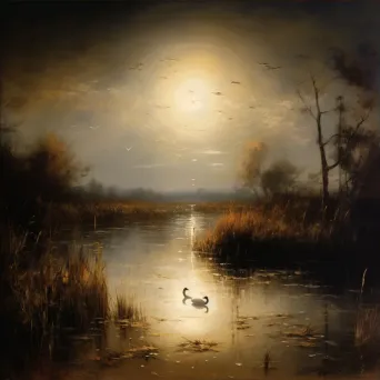 Tranquil marsh at night with fireflies and swans on the water - Image 3