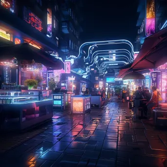 A bustling, detailed virtual marketplace with neon stalls and crypto transactions in form of animations - Image 3