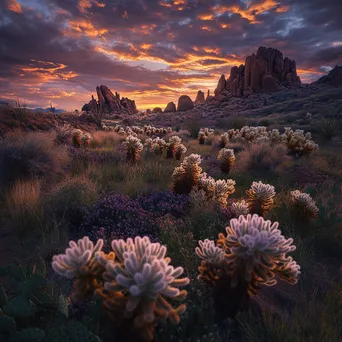 Desert spring with cacti during sunset - Image 1