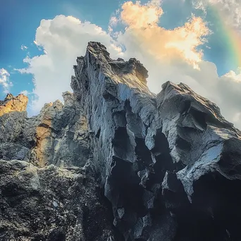 Wildly shaped volcanic rock cliffs with a bright cloudscape and rainbow. - Image 2