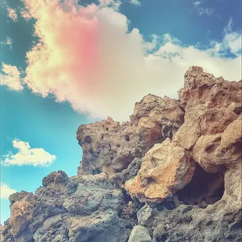 Wildly shaped volcanic rock cliffs with a bright cloudscape and rainbow. - Image 4