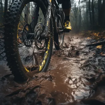 Close-up of a mountain bike tire in muddy terrain with surrounding forest. - Image 1