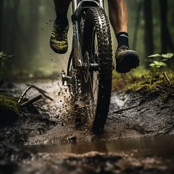 Close-up of a mountain bike tire in muddy terrain with surrounding forest. - Image 3